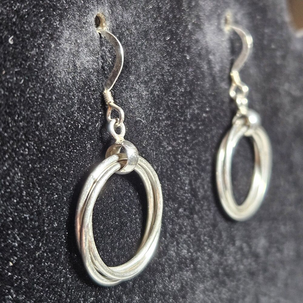 Vintage Sterling Silver Three Interlocked Dangling Hoop Earrings